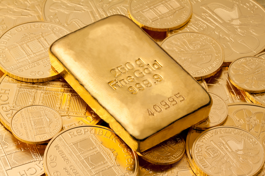 gold bullion bar and coins